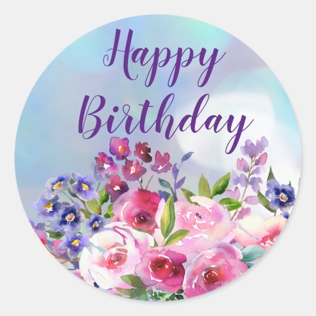 Happy Birthday Watercolor Blume Rundkleber Runder Aufkleber (Vorderseite)