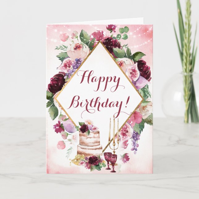 Happy Birthday Watercolor Boho Floral Wine Gold Karte (Vorderseite)