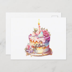 Happy Birthday Watercolor Cake mit Blume Postkarte
