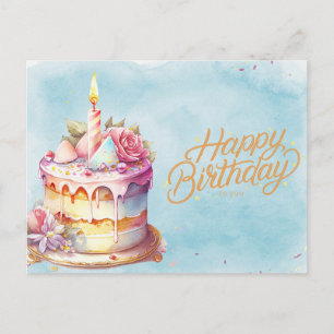 Happy Birthday Watercolor Cake mit Blume Postkarte