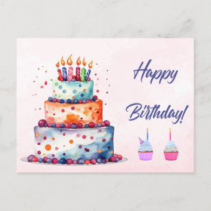 Happy Birthday Watercolor Cake with Candles Postkarte