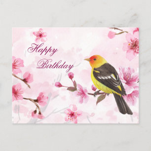 Happy Birthday Watercolor Cherry Blossom & Bird Postkarte