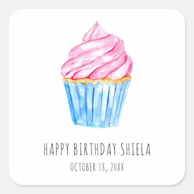 Happy Birthday Watercolor cupcake niedlich rosa Ve Quadratischer Aufkleber (Vorderseite)