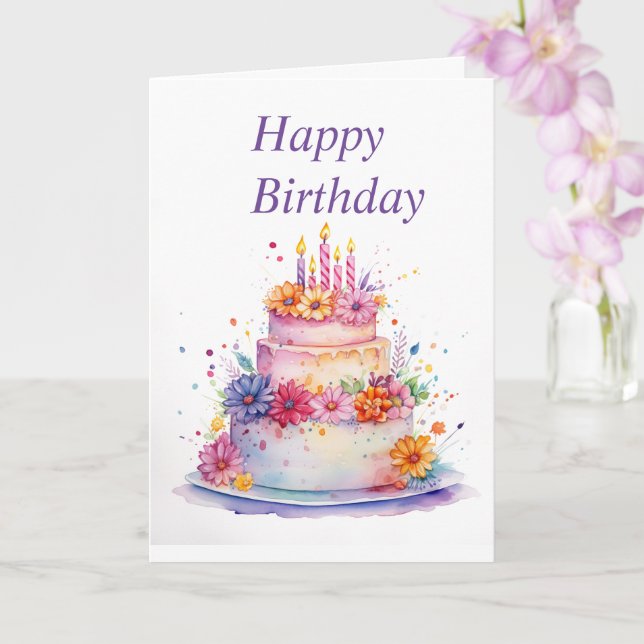 Happy Birthday Watercolor Floral Cake Karte (Orchidee)