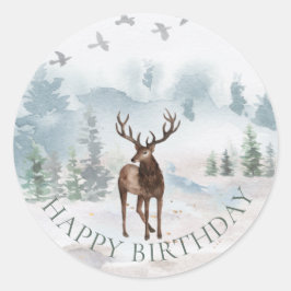 Happy Birthday Watercolor Forest Woodland Deer Runder Aufkleber