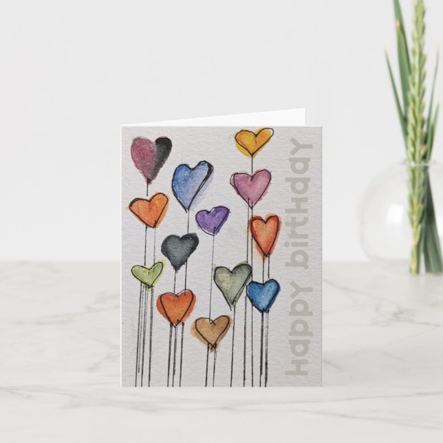 Happy Birthday Watercolor Hearts Card Karte (Vorderseite)