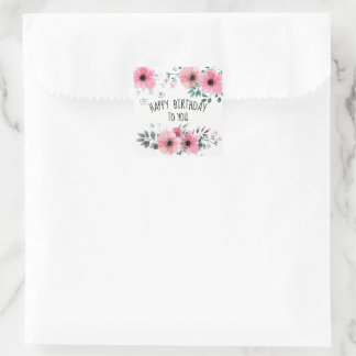 Happy Birthday Watercolor Hübsch Pink Floral Quadratischer Aufkleber