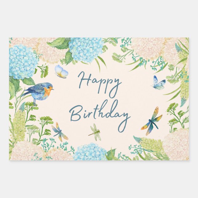 Happy Birthday Watercolor Hydrangea Blume Geschenkpapier Set (Vorderseite)