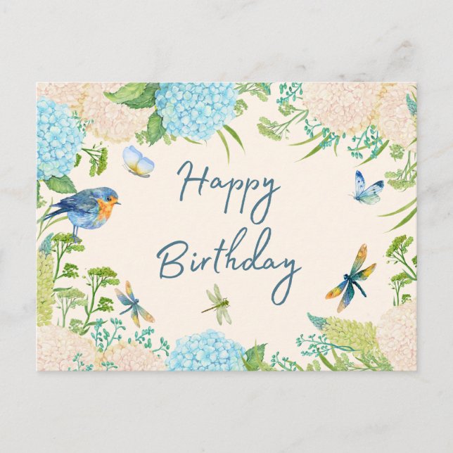 Happy Birthday Watercolor Hydrangea Blume Postkarte (Vorderseite)