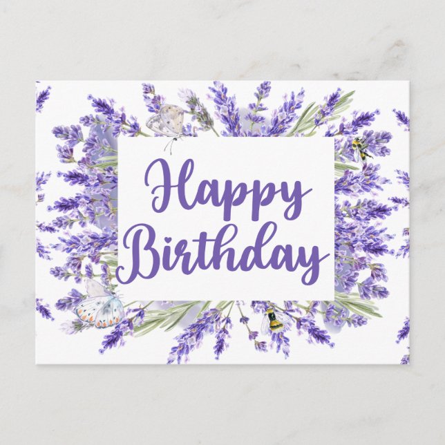 Happy Birthday Watercolor Lavender Blume Postkarte (Vorderseite)