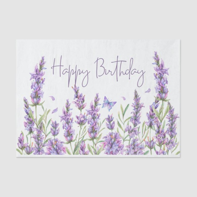 Happy Birthday Watercolor Lavender Blume Seidenpapier (Vorderseite)