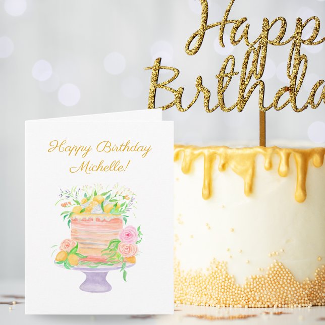Happy Birthday Watercolor Lemon Floral Cake Karte (Von Creator hochgeladen)