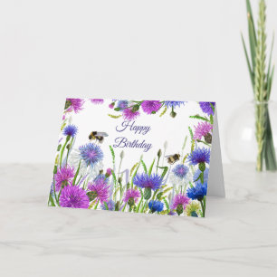 Happy Birthday Watercolor Lila, Blue Cornflowers Karte