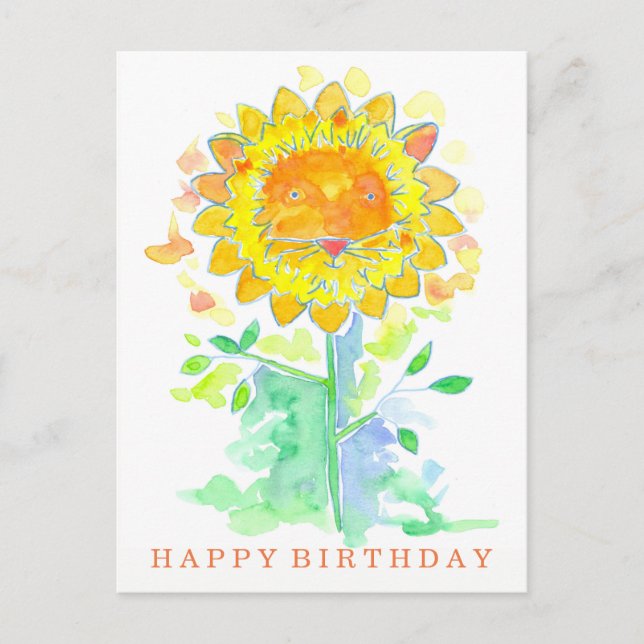 Happy Birthday Watercolor Lion Blume Postkarte (Vorderseite)