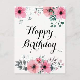 Happy Birthday Watercolor Pink Floral Postkarte