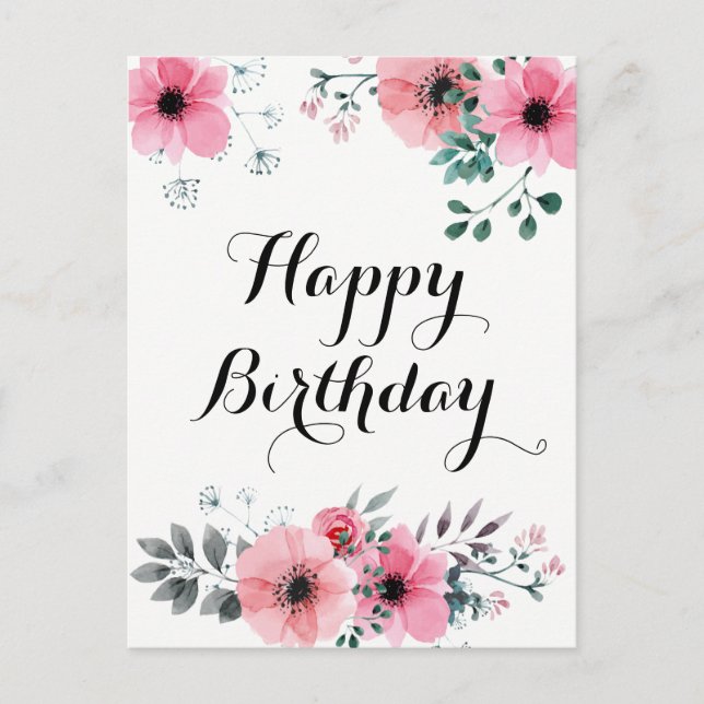 Happy Birthday Watercolor Pink Floral Postkarte (Vorderseite)