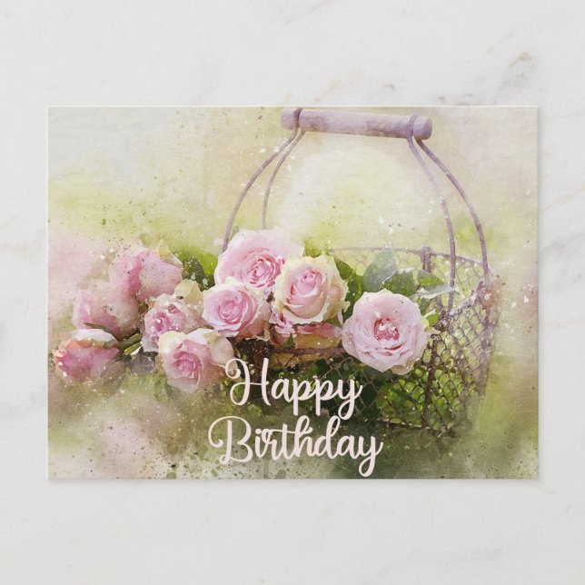 Happy Birthday Watercolor Pink Roses in a Basket Postkarte (Vorderseite)