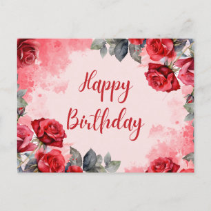 Happy Birthday Watercolor Rote Rosen Postkarte