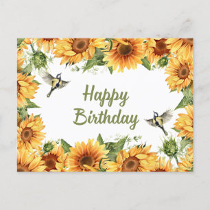 Happy Birthday Watercolor Sonnenblumen & Vögel Postkarte