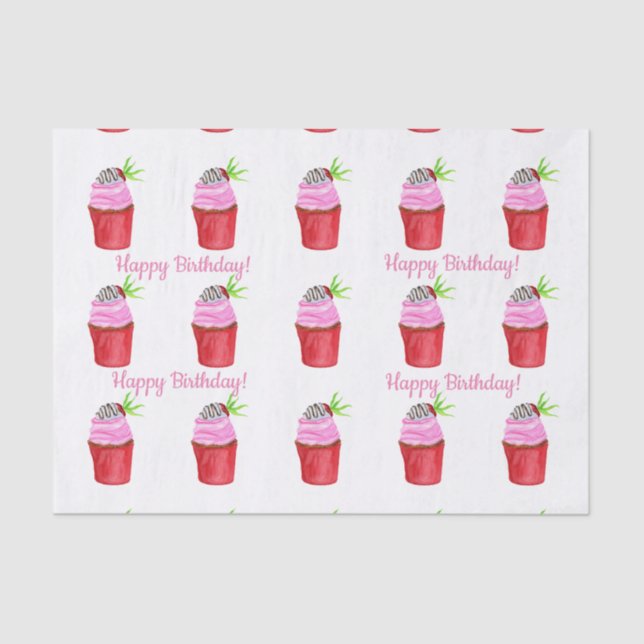 Happy Birthday Watercolor Strawberry Cupcake Seidenpapier (Vorderseite)