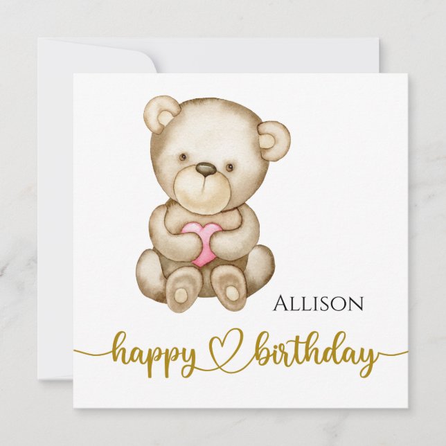 Happy Birthday Watercolor Teddy Bear Card Karte (Vorderseite)