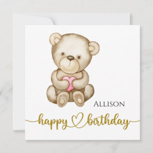 Happy Birthday Watercolor Teddy Bear Card Karte