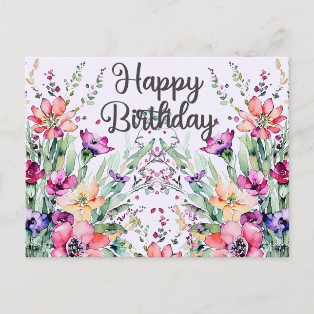 Happy Birthday Watercolor Wildblumen Field Postkarte (Vorderseite)