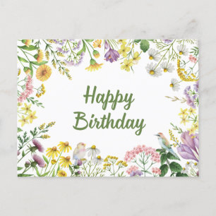 Happy Birthday Watercolor Wildblumen und Vögel Postkarte