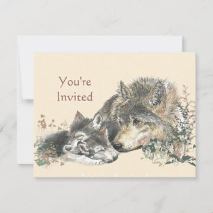 Happy Birthday Watercolor Wolf & Cub Animals Einladung