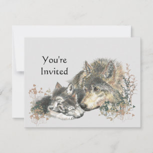 Happy Birthday Watercolor Wolf & Cub Animals Inviv Einladung