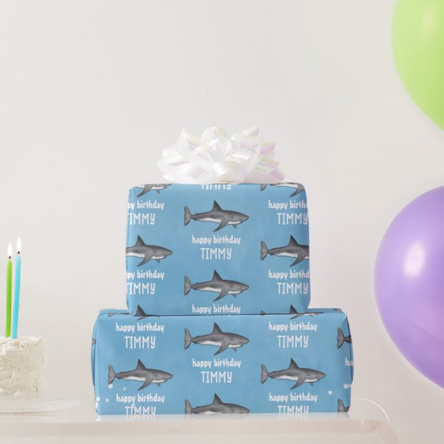 Happy Birthday Whimsical Blue Ocean Haie Spaß Geschenkpapier (Partygeschenke)