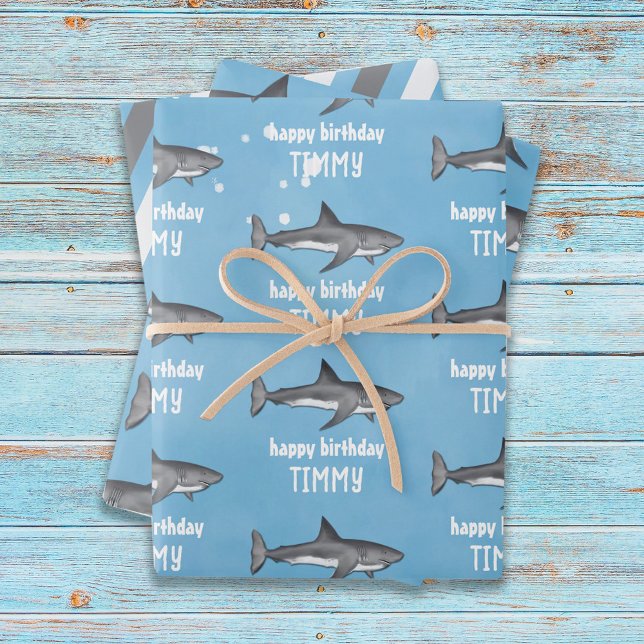 Happy Birthday Whimsical Blue Ocean Haie Spaß Geschenkpapier Set (Von Creator hochgeladen)