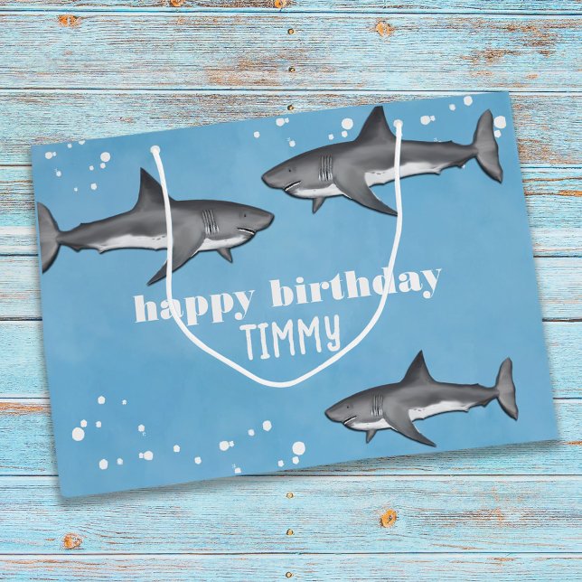 Happy Birthday Whimsical Blue Ocean Haie Spaß Große Geschenktüte (Von Creator hochgeladen)