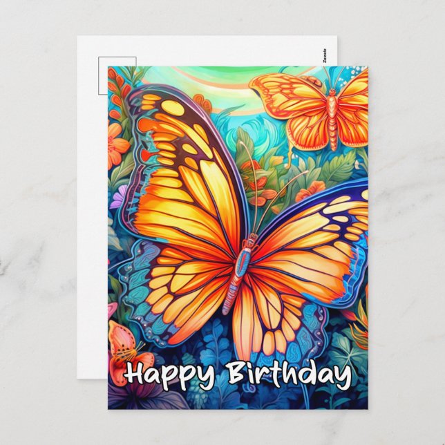 Happy Birthday Whimsical Butterfly Design Feiertagspostkarte (Vorne/Hinten)
