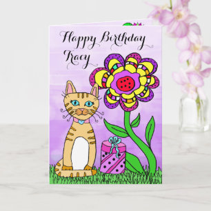 Happy Birthday Whimsical Cat und Blume Karte