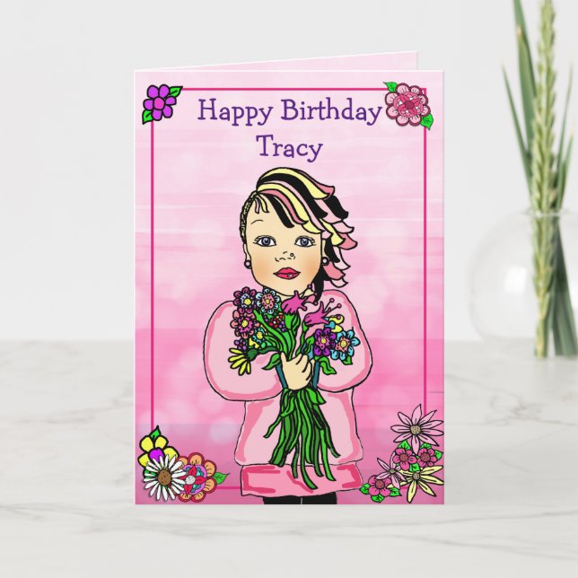 Happy Birthday Whimsical Girl mit Blume Karte (Vorderseite)