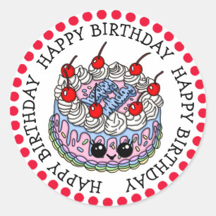 Happy Birthday Whimsical Handgezeichneter Kuchen Runder Aufkleber