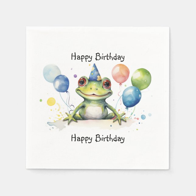 Happy Birthday Whimsical niedlicher Frosch mit Bal Serviette (Vorderseite)