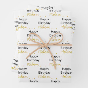 Happy Birthday White Black and Gold Script Name Geschenkpapier Set