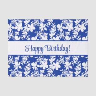 Happy Birthday White Floral on Blue Seidenpapier