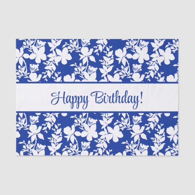 Happy Birthday White Floral on Blue Seidenpapier (Vorderseite)