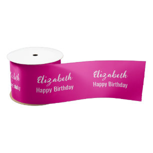 Happy Birthday White Script Name Hot Pink Satinband