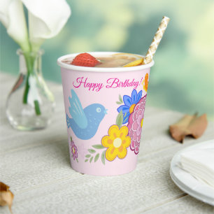 Happy Birthday Wild Blume Garden Birds Muster Pappbecher