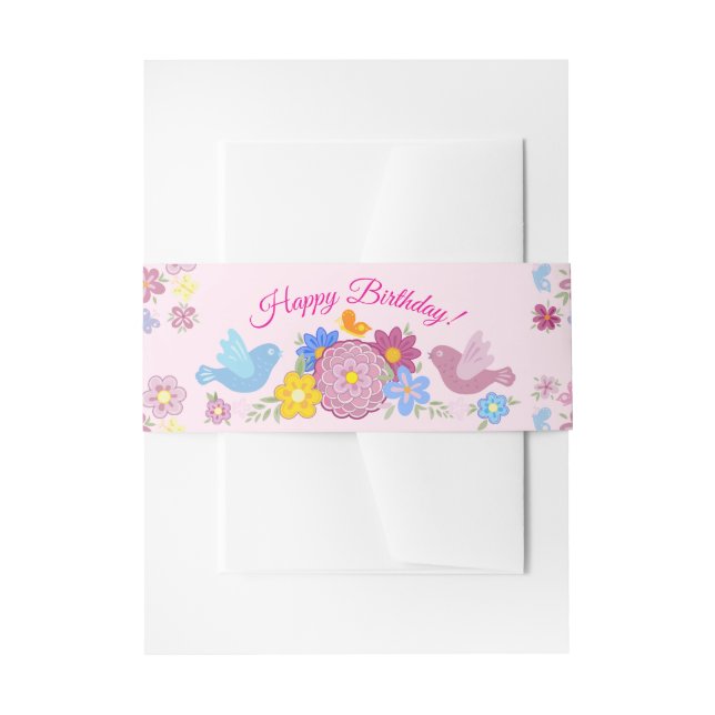 Happy Birthday Wild Flowers Garden Birds Pattern Einladungsbanderole (Vorderseite Beispiel)