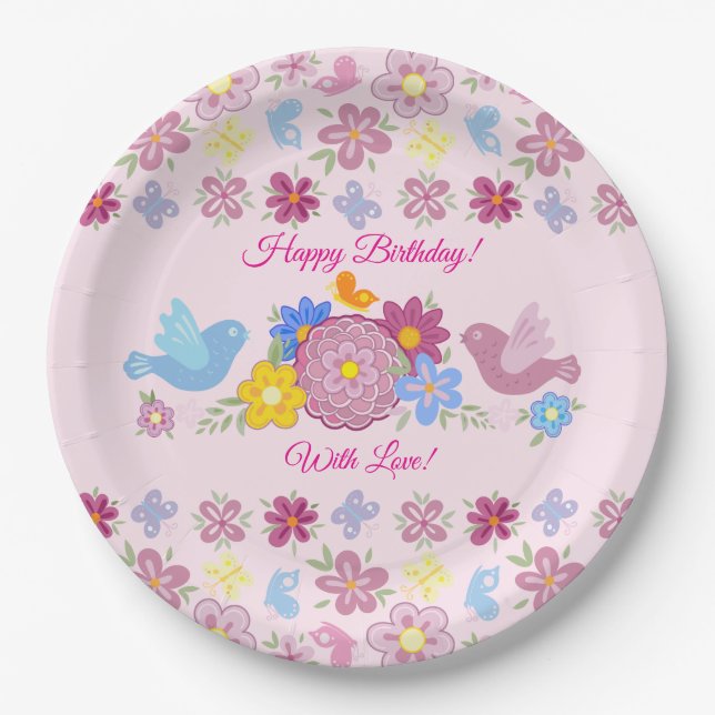 Happy Birthday Wild Flowers Garden Birds Pattern Pappteller (Vorderseite)