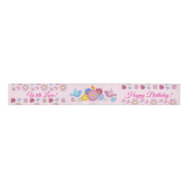 Happy Birthday Wild Flowers Garden Birds Pattern Ripsband