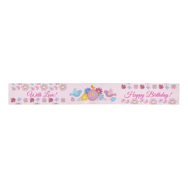 Happy Birthday Wild Flowers Garden Birds Pattern Ripsband (Vorderseite)