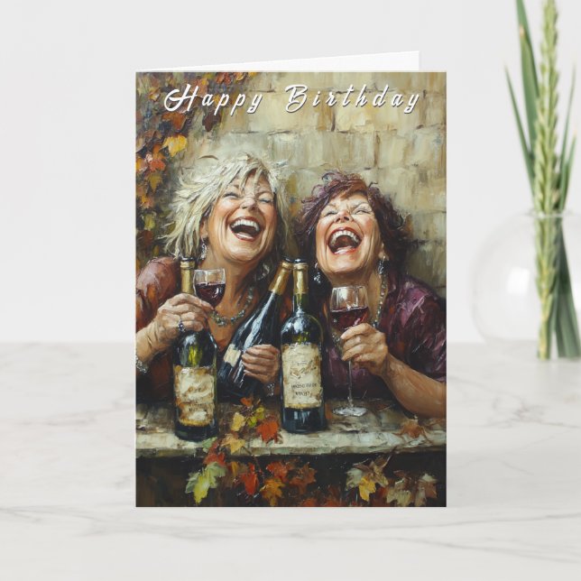 Happy Birthday Wine Bottles Funny Laughing Ladies  Karte (Vorderseite)