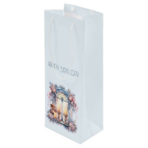 Happy Birthday Winter Blue Pink Viktorianische Fen Geschenktüte Für Weinflaschen