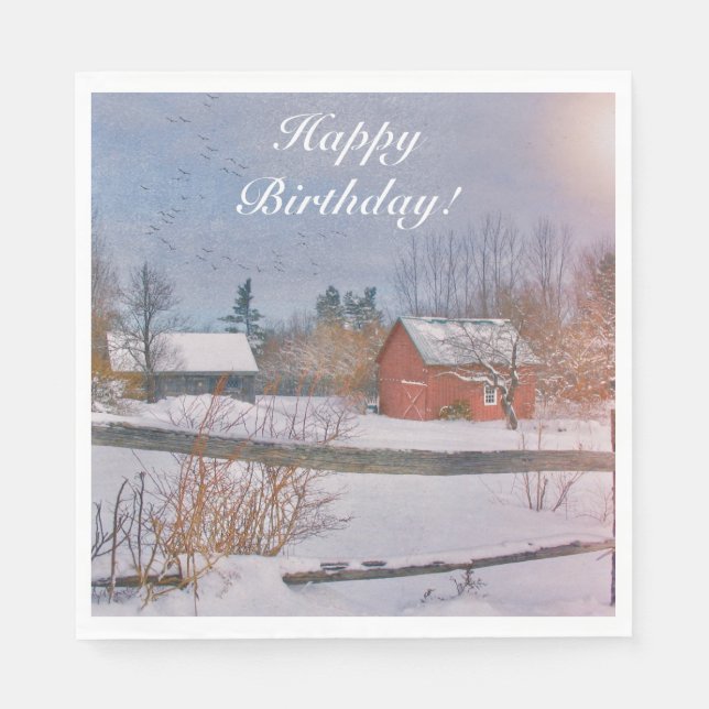 Happy Birthday Winter Farm Szene Serviette (Vorderseite)